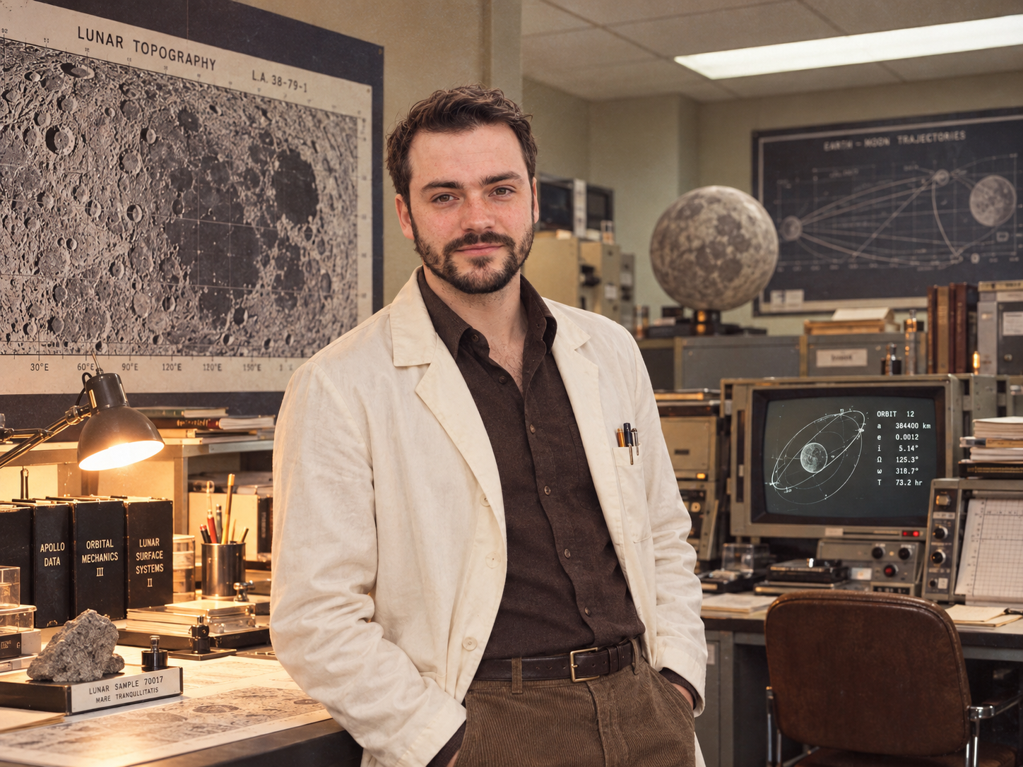 Matt Cook leaning against a desk in a research lab, maps and a monitor behind him