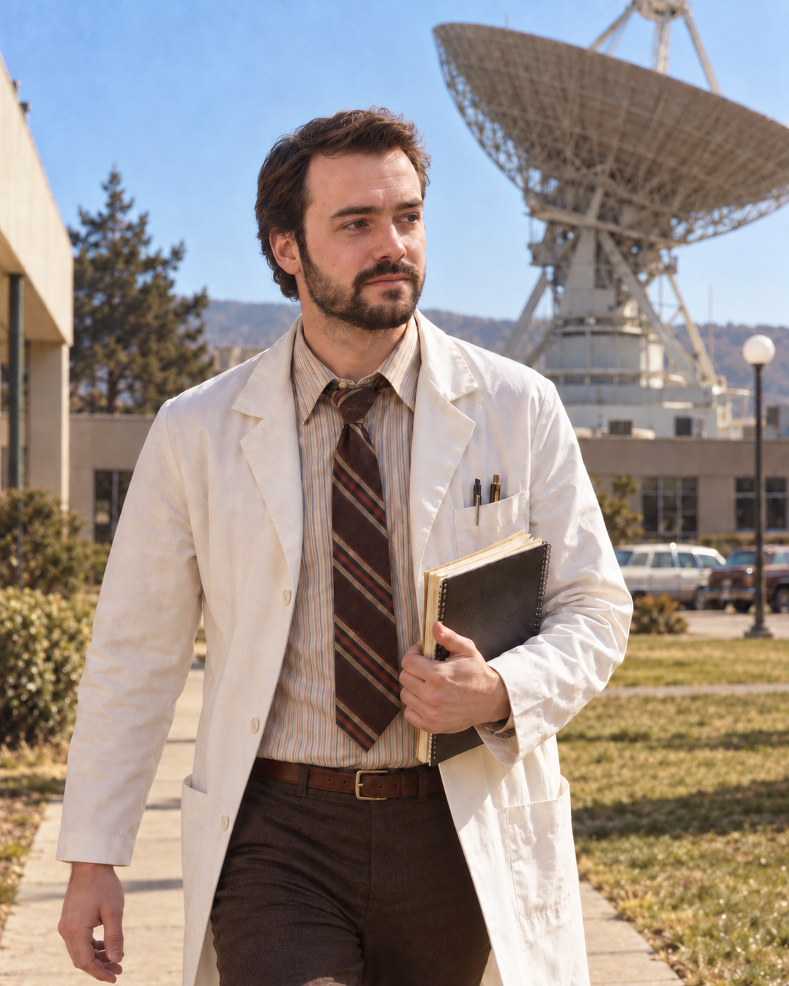 Matt Cook in a lab coat walking across a research campus, a radio telescope behind him